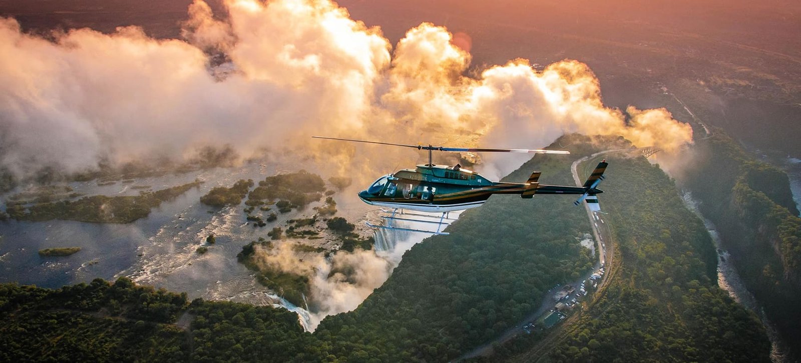 Aerial view of Victoria Falls, the gorge and the Zambezi below