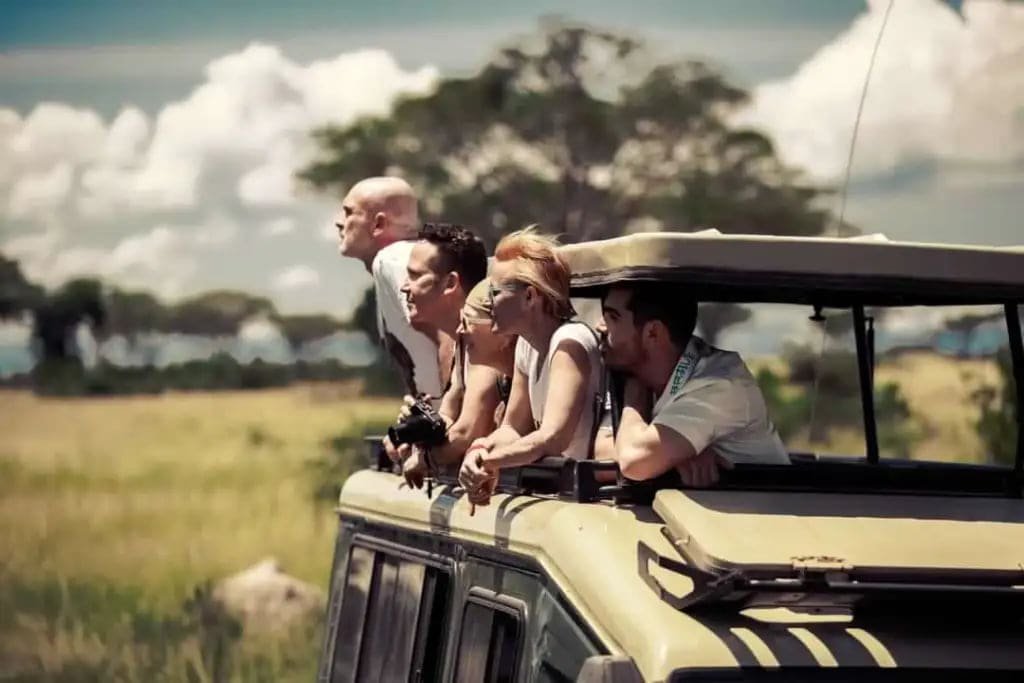 A safari vehicle crossing open terrain